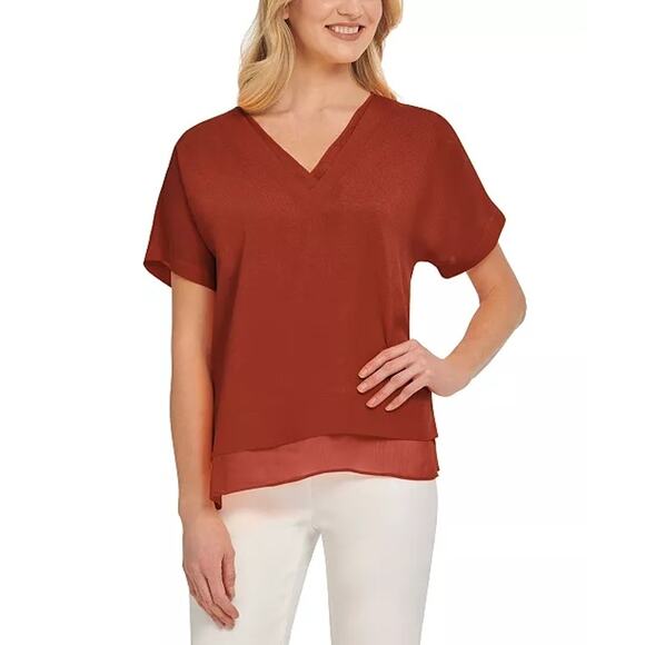 DKNY chiffon trim layered mixed media velour neck top L fall color orange casual - Picture 1 of 9